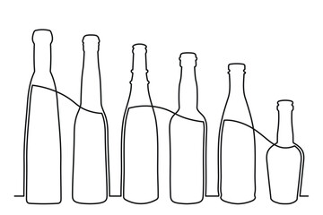 Sketch drawing of a bottle of different shapes in the style of one solid continuous line. Collection of alcoholic drinks