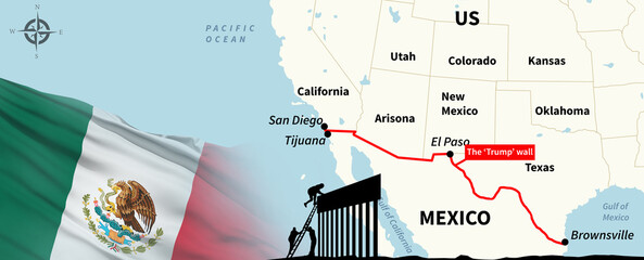 Concept of the migration problem on the US-Mexico border. Background for news. 3d illustration