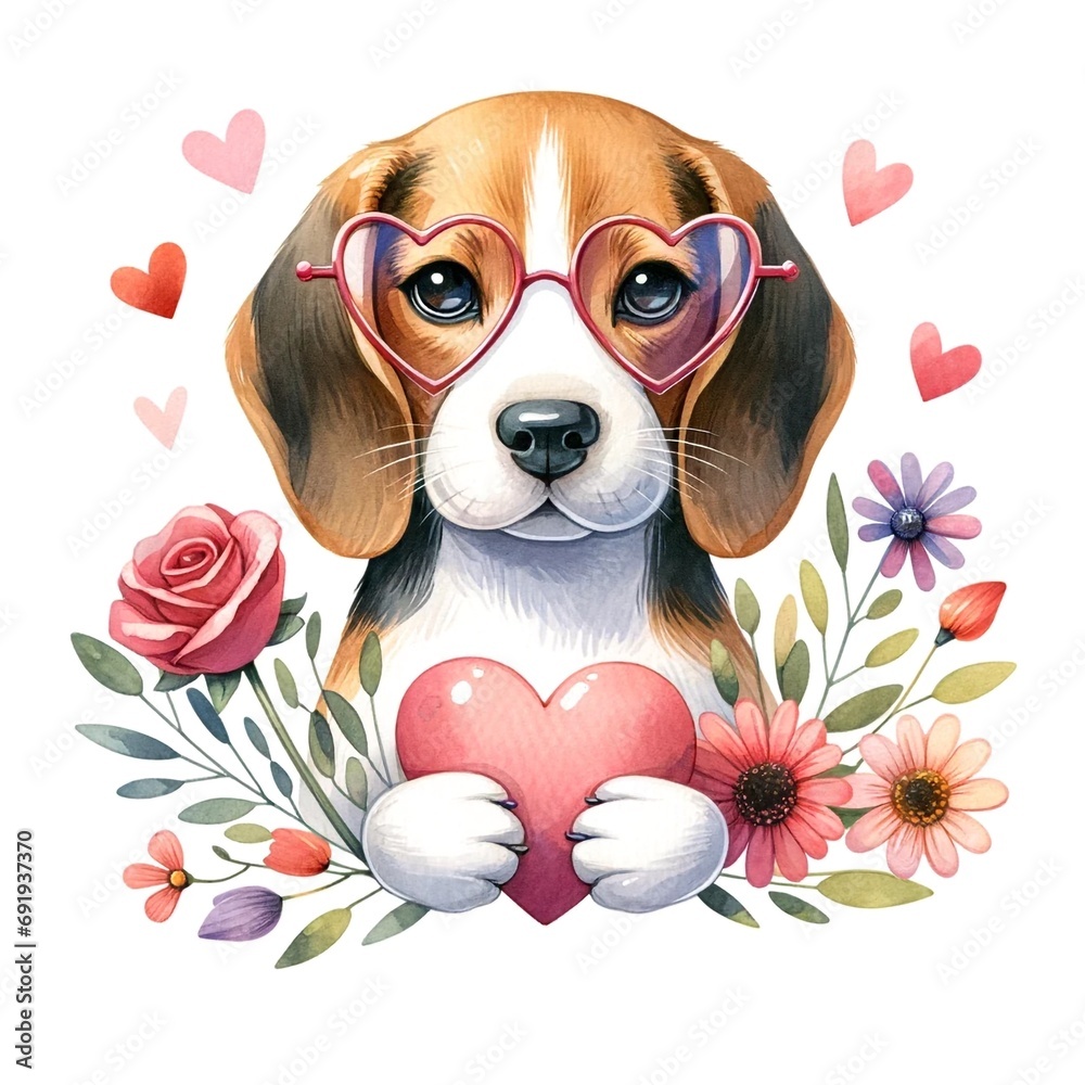 Poster beagle holding heart in paws watercolour illustration created with generative ai technology