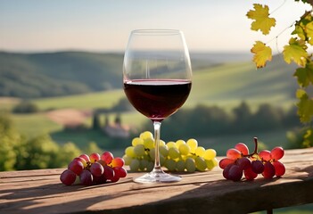 Wineglass with grape on wooden table - 691937547