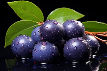 Vibrant and healthy ripe acai berry isolated on dark purple background with copy space