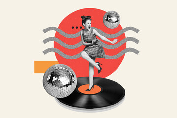 Horizontal pop photo collage of young joyful funky woman lady dancer have fun stand on big vinyl record with disco ball club party on white background