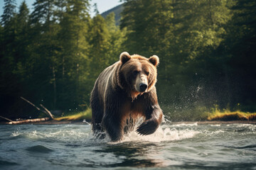 Fototapeta premium A brown bear hunting for fish in its natural habitat