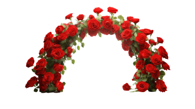 Red rose flowers and leaves in a arch composition isolated on transparent background