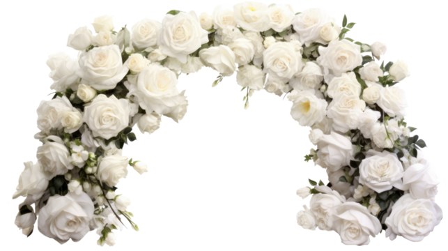 White rose flowers and leaves in a line composition isolated on transparent background