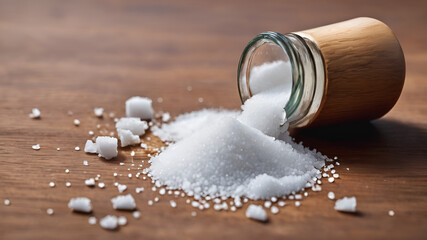 Fototapeta na wymiar Salt on wooden table, wooden background, kitchen essentials, spice, 