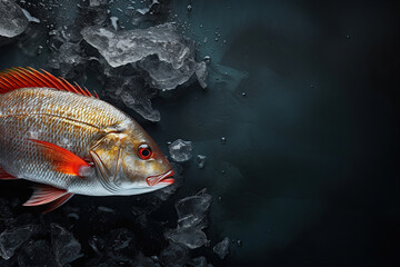 Raw dorado fish or sea bass with spices, with ice on a dark surface. Generative AI.