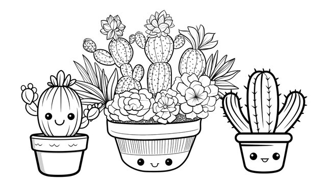 Set of cute and kawaii cactus in a pot colouring page drawing illustration. Coloring activity for kids. Simple cute kid drawing. Contour image of cactus scribble coloring sheet for adults.