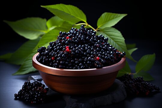 Exquisite close up of ripe elderberry on dark purple background   high quality isolated image