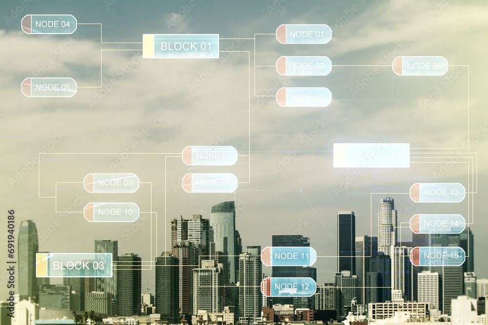 Fototapete double exposure of abstract creative programming illustration on los angeles office buildings backgr
