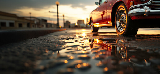 Car at Sunset on a Wet Road. Banner place for text