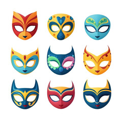 Collection of painted carnival facial masks for a party decorated with feathers and rhinestones isolated on a transparent background