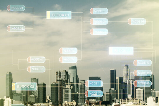 Double exposure of abstract creative programming illustration on Los Angeles office buildings background, big data and blockchain concept
