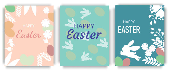 Easter set of banners, greeting cards, posters, holiday covers. Fashionable design with plants, eggs and bunny in pastel colors. Minimalist style of modern art.
