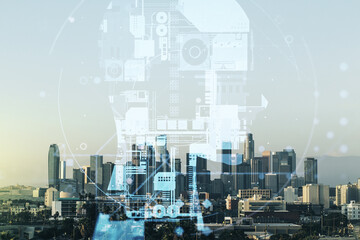 Double exposure of creative artificial Intelligence hologram on Los Angeles city skyscrapers...