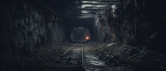 Eerie underground tunnel with abandoned train track.