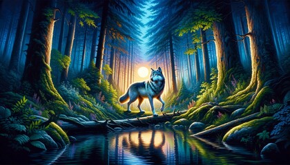 Majestic Wolf in Twilight by the Forest Stream: Radiant Sunrays Breaking Through the Trees.