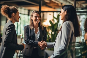 Smiling young businesswoman shaking hands with a coworker during a meeting with colleagues around a table in an office boardroom - obrazy, fototapety, plakaty
