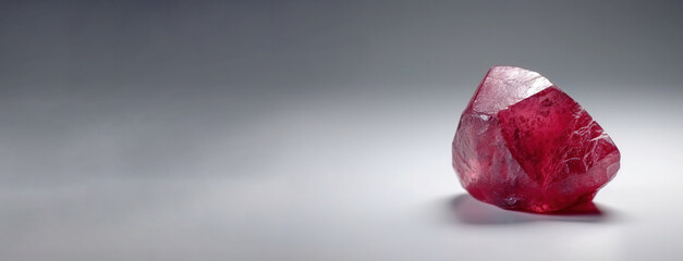 Red beryl is a rare precious natural stone on white background. AI generated. Header banner mockup with space.