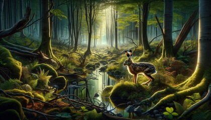 Enchanted Forest with a Deer by the Quiet Pond: An Image of Serenity and Natural Beauty.