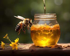 Buzzing temptation A bee buzzes around a delicious jar of honey