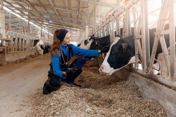 Happy young woman veterinarian with phonendoscope checking condition of milk cow with clipboard....