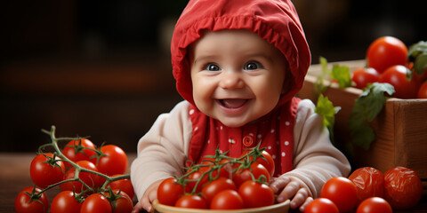Fototapeta na wymiar Kleines süßes Kinder Gesicht lacht mit vielen frischen Tomaten Nahaufnahme für Produktfotografie im Querformat für Banner, ai generativ 