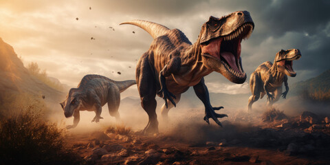T-Rex in a prehistoric landscape, surrounded by diverse dinosaurs. - obrazy, fototapety, plakaty