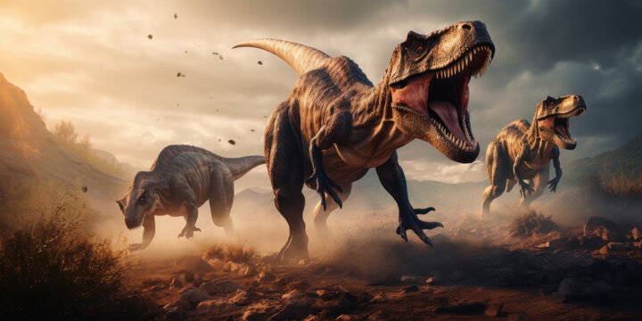 Fototapeta T-Rex in a prehistoric landscape, surrounded by diverse dinosaurs.
