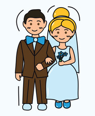 Wedding element of colorful sticker set. A wedding-themed illustration with a colorful and elegant design showcase a loving wedding couple in a beautifully outlined embrace. Vector illustration.