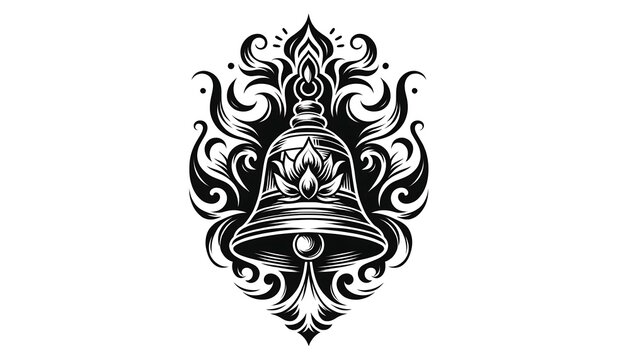 an elegant tattoo design with a serene bell, in a similar style to the previous designs, set against a pure white background
