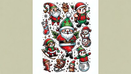 a whimsical cartoon style tattoo design with Christmas characters like Santa Claus, elves, and a snowman, set against a white background