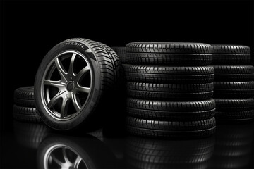Car tires on a black background. 3d illustration. Elements for design.