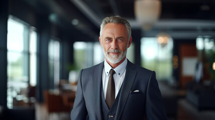 Fototapeta premium Portrait of happy old businessman looks at camera on the office blurred background
