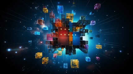 Futuristic Digital Data Blocks in 3D Space with Network Connection Lines