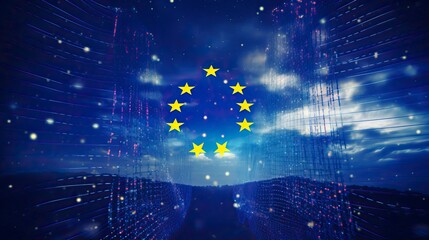 European Union Flag Superimposed over AI and Digital Data Network