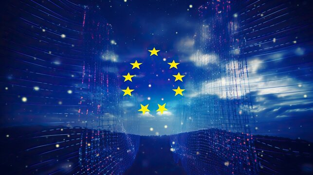 European Union Flag Superimposed over AI and Digital Data Network