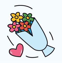 Wedding element of colorful sticker set. This artwork boasts a vibrant and colorful design with intricate outlines highlight a stunning bouquet of flowers that radiates love. Vector illustration.