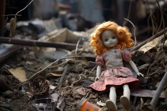 A broken doll among the ruins, a childhood destroyed by war