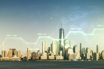 Abstract virtual analytics data spreadsheet on New York cityscape background, analytics and...