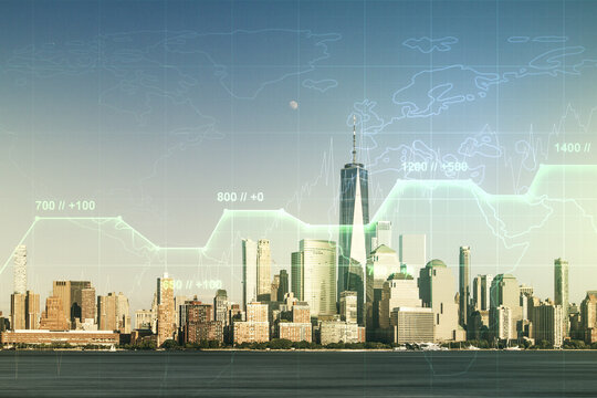 Abstract virtual analytics data spreadsheet on New York cityscape background, analytics and analysis concept. Multiexposure - Powered by Adobe