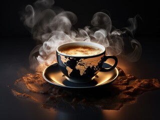 Coffee and peace. A cup of coffee against the background of the world. Peace and coffee. The globe and coffee. 