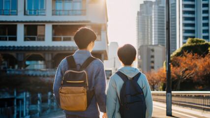 街中を歩く男性と子どもの後ろ姿