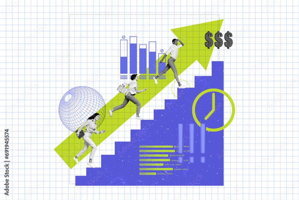 Poster collage image of black white effect mini people hold netbook climb stairs arrow pointer upwards earn