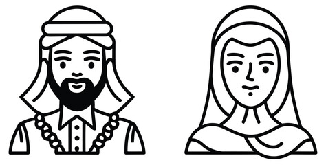 Arabic muslim man and woman linear icons. Saudi arab faceless people avatar. line silhouette. Traditional уastern arab couple. Outline flat style. Vector illustration.