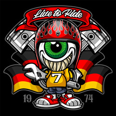 cartoon character wearing a helmet on a German flag background