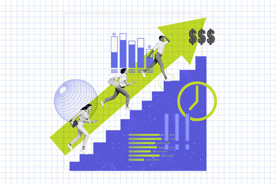 Collage image of black white effect mini people hold netbook climb stairs arrow pointer upwards earn trade money isolated on checkered background