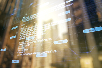 Double exposure of abstract programming language interface on modern skyscrapers background,...