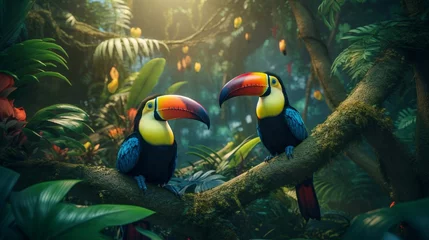 Foto op Plexiglas Generate a stunning AI-rendered image of two toucan tropical birds in the midst of a vibrant rainforest jungle.  © Zestify