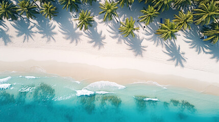 Fototapeta na wymiar Beautiful tropical beach with white sand and coconut trees, blue turquoise color sea and wave, tranquil seascape in summer, aerial view.